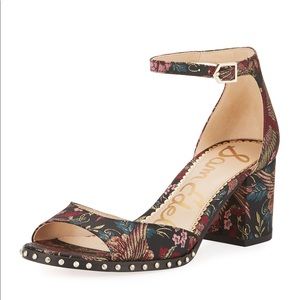 Anthropologie Sam Edelman Metallic Jacquard Bird Open Toe Heels Size 8